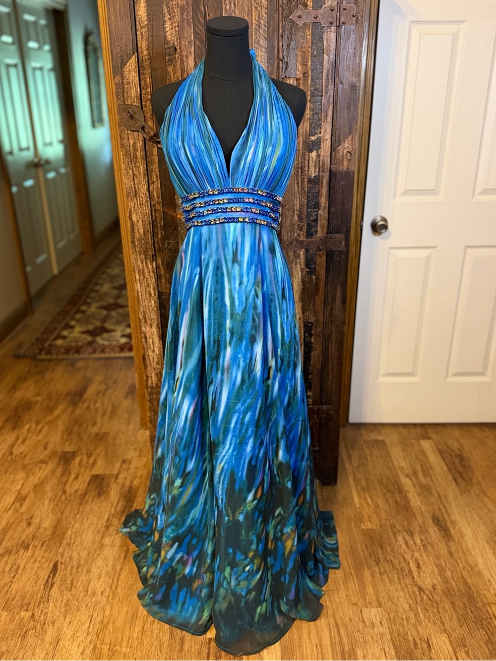 Tony Bowls Evenings Formal Gown Y2K Blue Watercolor Rhinestone Halter Open Back